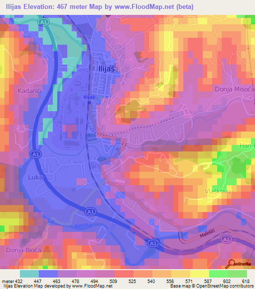 Ilijas,Bosnia and Herzegovina Elevation Map