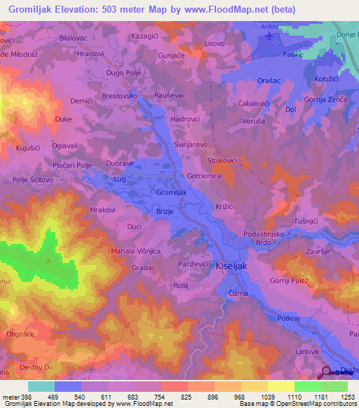 Gromiljak,Bosnia and Herzegovina Elevation Map