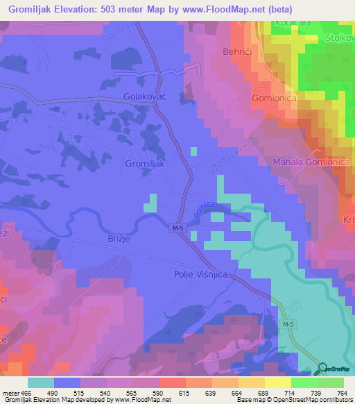 Gromiljak,Bosnia and Herzegovina Elevation Map