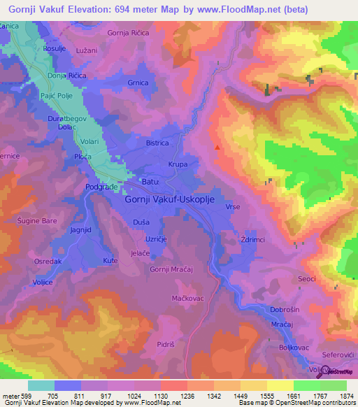 Gornji Vakuf,Bosnia and Herzegovina Elevation Map