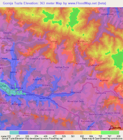 Gornja Tuzla,Bosnia and Herzegovina Elevation Map