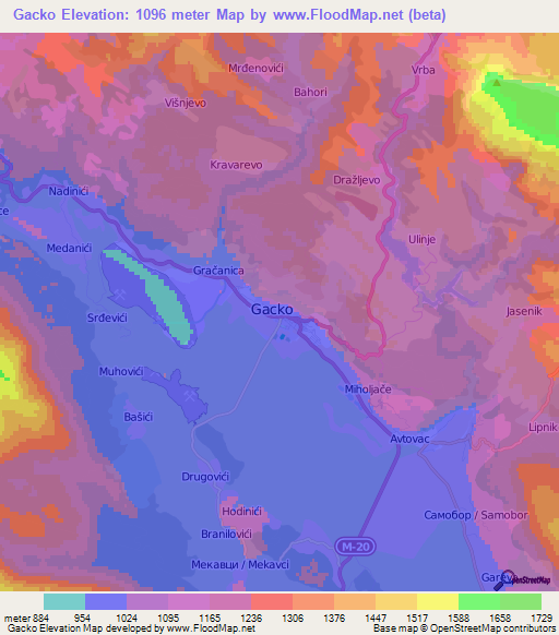 Gacko,Bosnia and Herzegovina Elevation Map