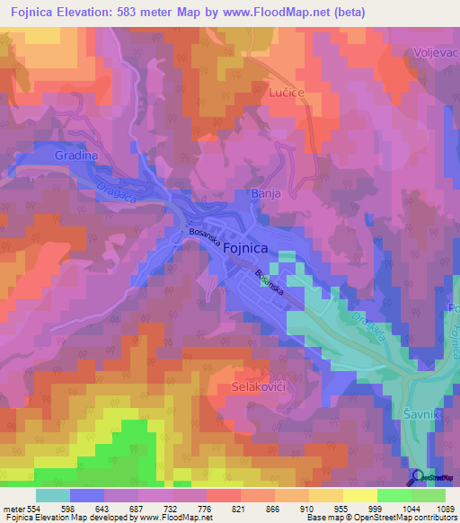 Fojnica,Bosnia and Herzegovina Elevation Map