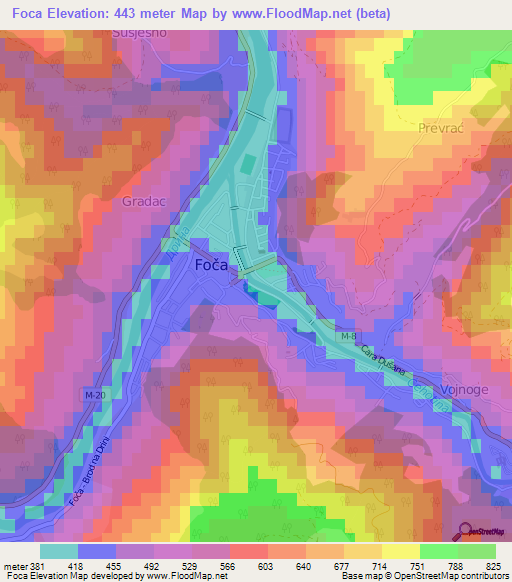 Foca,Bosnia and Herzegovina Elevation Map