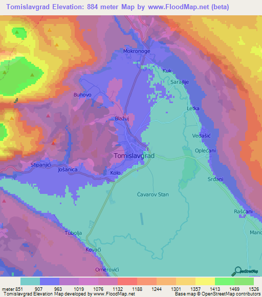 Tomislavgrad,Bosnia and Herzegovina Elevation Map