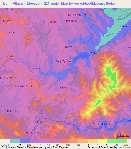 Donji Vijacani,Bosnia and Herzegovina Elevation Map