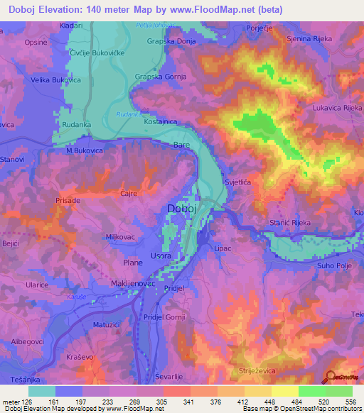 Doboj,Bosnia and Herzegovina Elevation Map