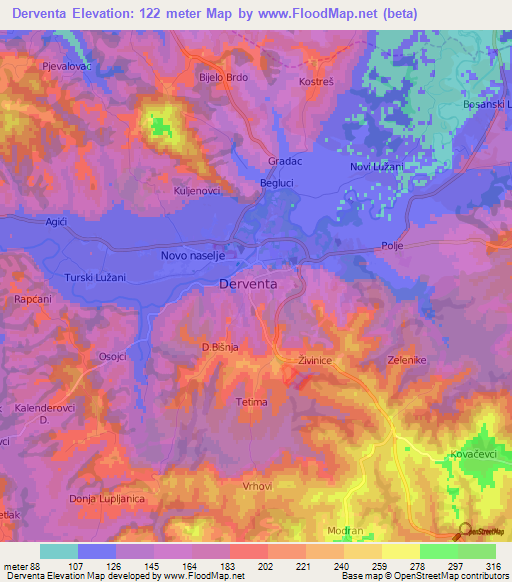 Derventa,Bosnia and Herzegovina Elevation Map