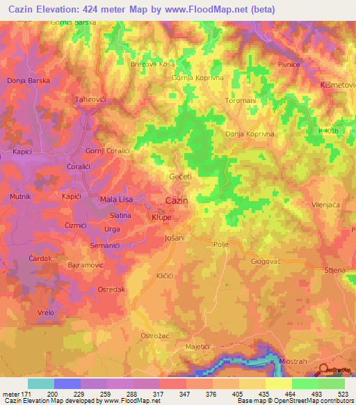 Cazin,Bosnia and Herzegovina Elevation Map