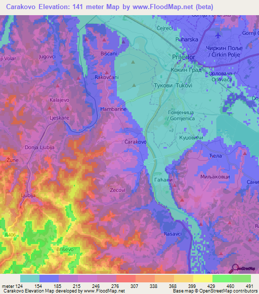 Carakovo,Bosnia and Herzegovina Elevation Map