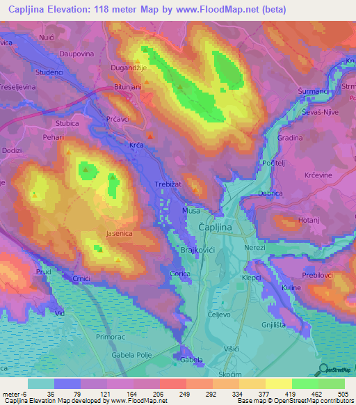 Capljina,Bosnia and Herzegovina Elevation Map