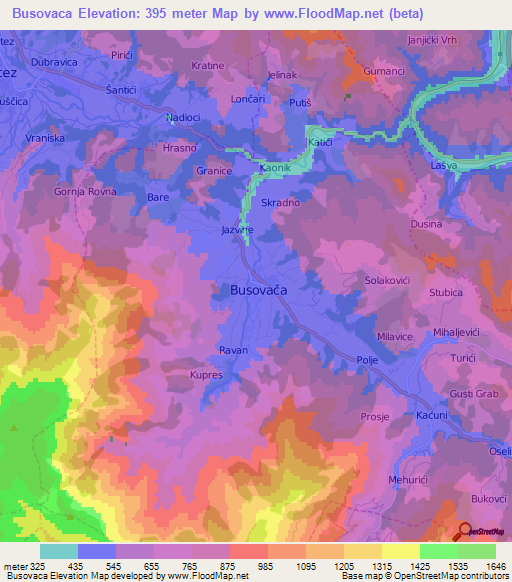 Busovaca,Bosnia and Herzegovina Elevation Map