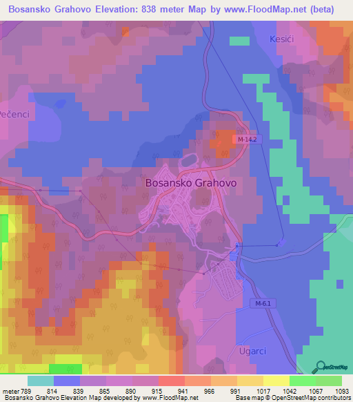 Bosansko Grahovo,Bosnia and Herzegovina Elevation Map