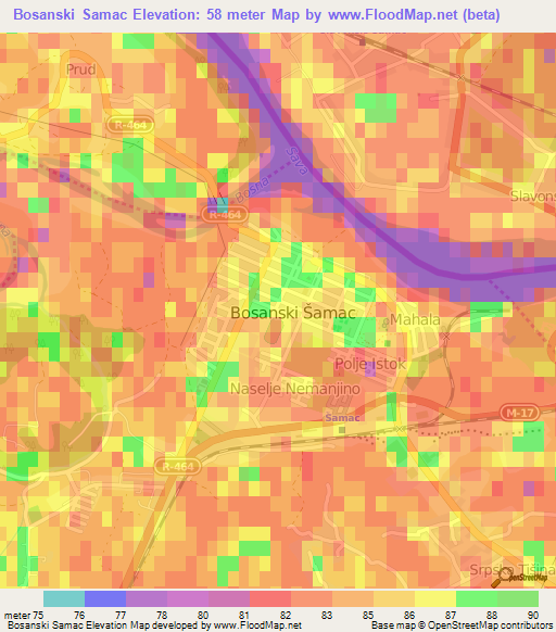 Bosanski Samac,Bosnia and Herzegovina Elevation Map