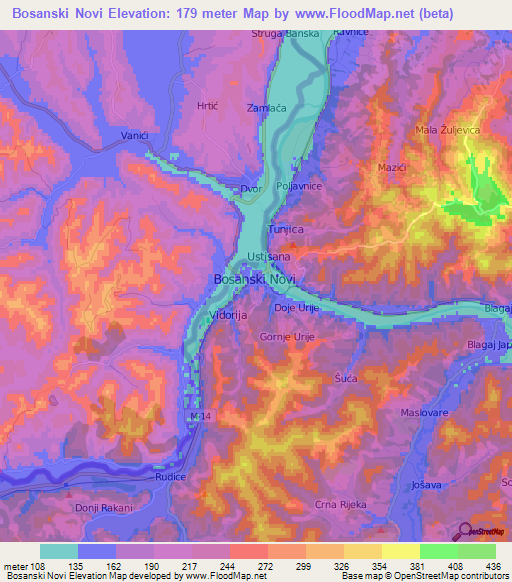 Bosanski Novi,Bosnia and Herzegovina Elevation Map