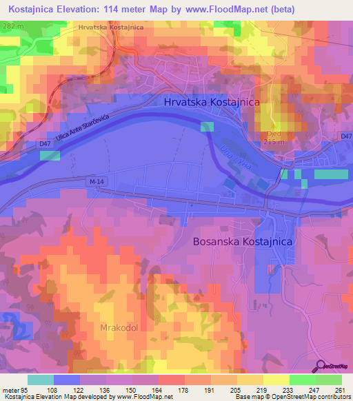 Kostajnica,Bosnia and Herzegovina Elevation Map