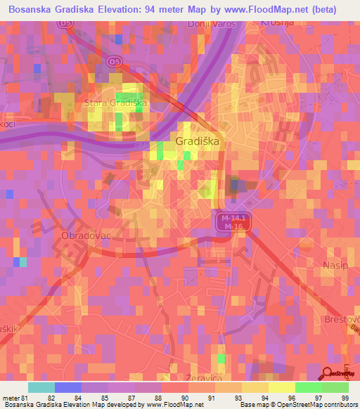 Bosanska Gradiska,Bosnia and Herzegovina Elevation Map