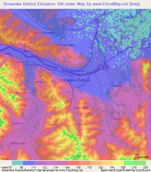 Bosanska Dubica,Bosnia and Herzegovina Elevation Map