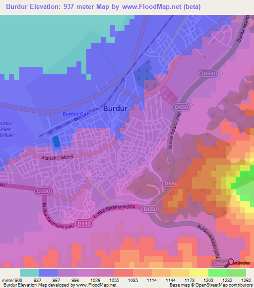 Burdur,Turkey Elevation Map