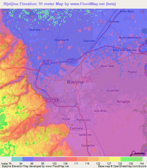 Bijeljina,Bosnia and Herzegovina Elevation Map