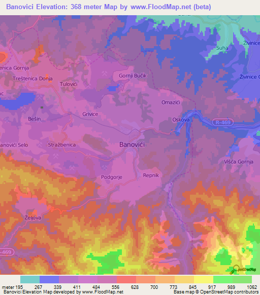 Banovici,Bosnia and Herzegovina Elevation Map