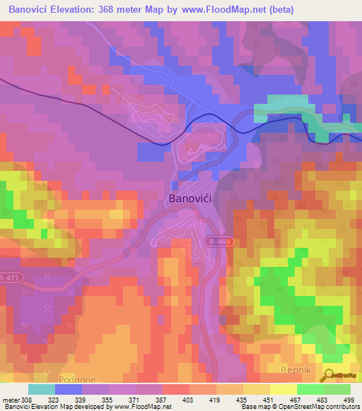 Banovici,Bosnia and Herzegovina Elevation Map