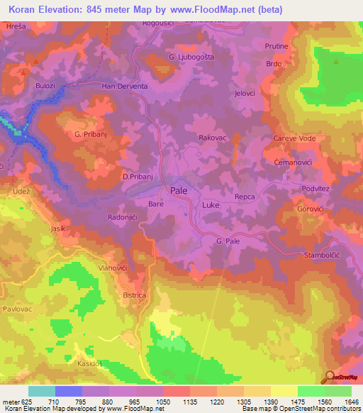 Koran,Bosnia and Herzegovina Elevation Map