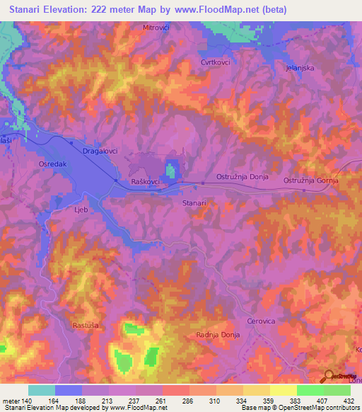 Stanari,Bosnia and Herzegovina Elevation Map