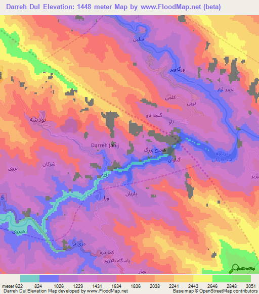 Darreh Dul,Iran Elevation Map