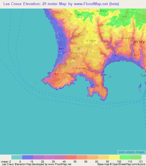 Les Creux,Jersey Elevation Map