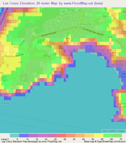 Les Creux,Jersey Elevation Map