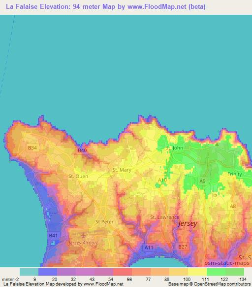 La Falaise,Jersey Elevation Map