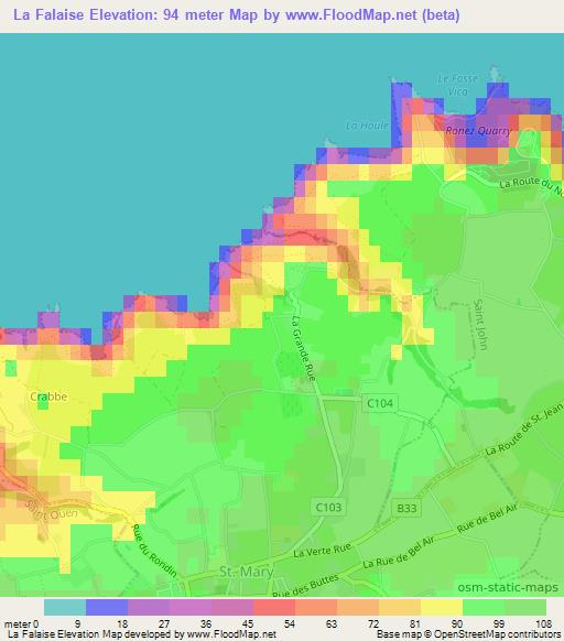 La Falaise,Jersey Elevation Map