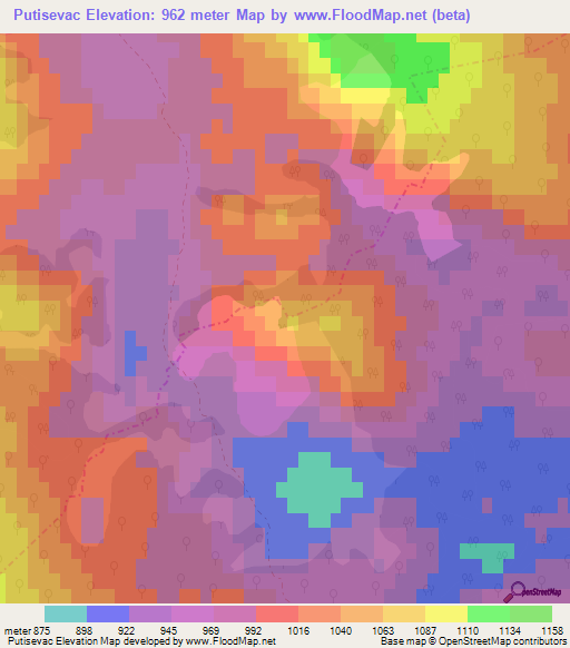 Putisevac,Bosnia and Herzegovina Elevation Map