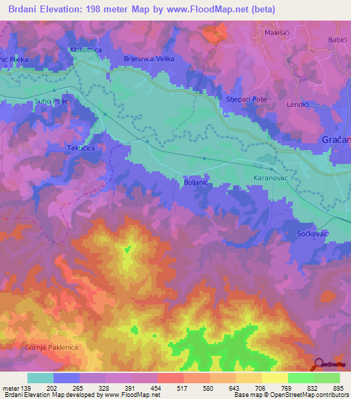 Brdani,Bosnia and Herzegovina Elevation Map