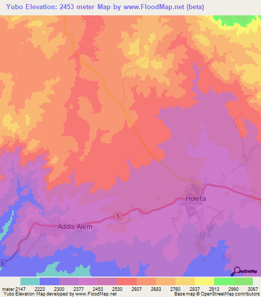 Yubo,Ethiopia Elevation Map