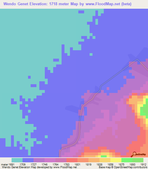 Wendo Genet,Ethiopia Elevation Map
