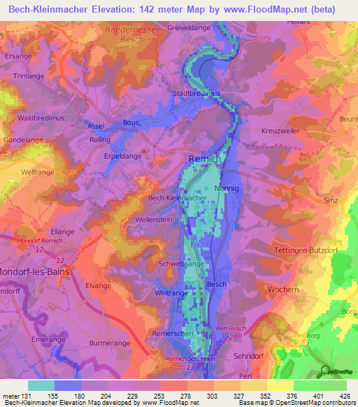 Bech-Kleinmacher,Luxembourg Elevation Map