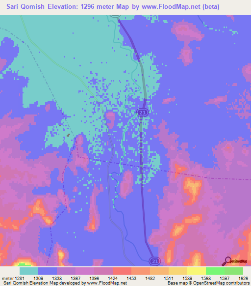 Sari Qomish,Iran Elevation Map