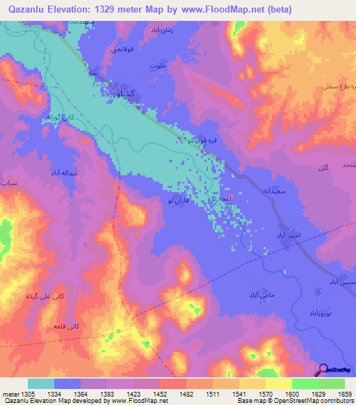 Qazanlu,Iran Elevation Map