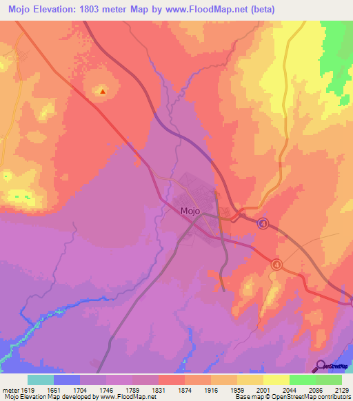 Mojo,Ethiopia Elevation Map