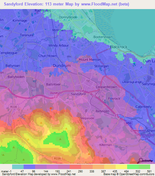 Sandyford,Ireland Elevation Map