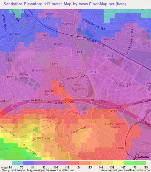 Sandyford,Ireland Elevation Map