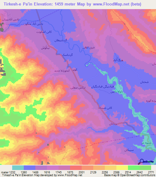 Tirkesh-e Pa'in,Iran Elevation Map