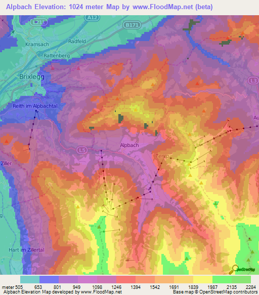 Alpbach,Austria Elevation Map
