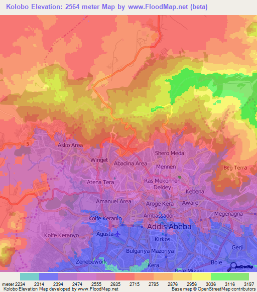 Kolobo,Ethiopia Elevation Map