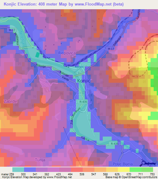 Konjic,Bosnia and Herzegovina Elevation Map