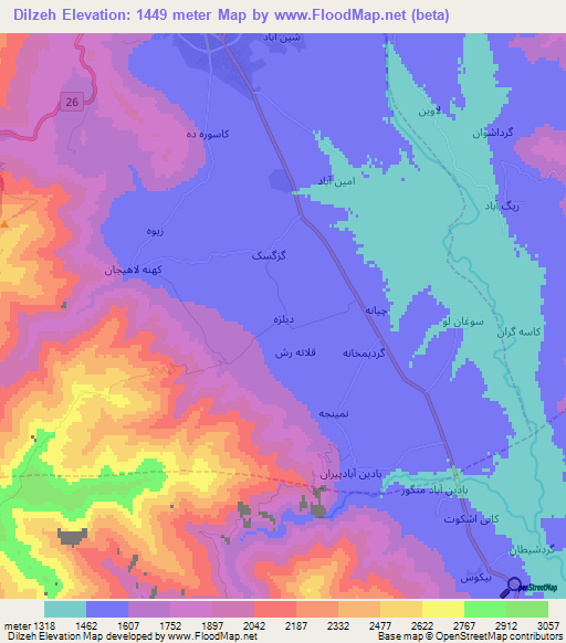 Dilzeh,Iran Elevation Map