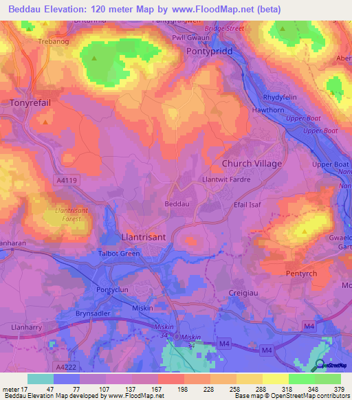 Beddau,UK Elevation Map