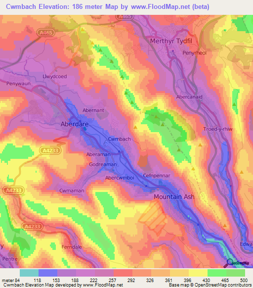 Cwmbach,UK Elevation Map